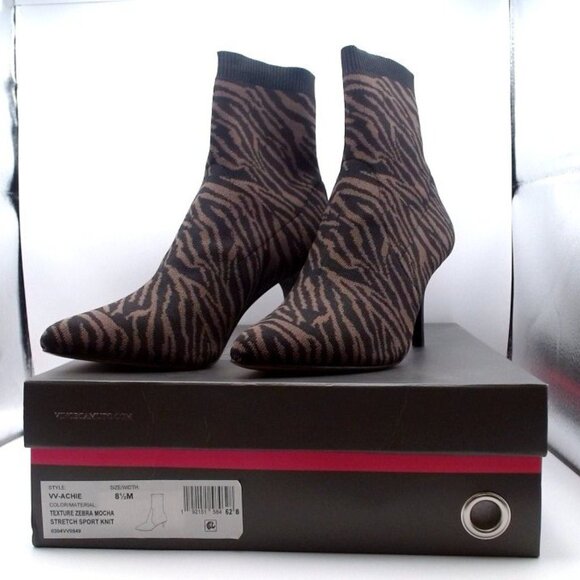 Vince Camuto “Achie” Zebra Mocha Stretch Knit Pointed Ankle Boots NEW - Picture 5 of 7